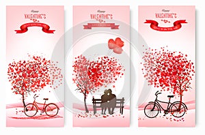 Valentine\'s Day holiday banners with couple in love on a bench and heart shape trees. Concept of love. Vector