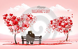 Valentine\'s Day holiday getting card with heart shape tree and couple in love