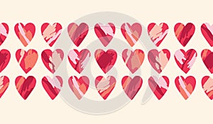 Valentine's Day Holiday Hand-Drawn Trendy Brushstroke Hearts Vector Seamless Pattern Border