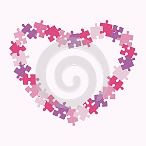 Valentine`s Day holiday. Heart made from puzzle pieces on a light pink background. Banner, poster, postcard. Heart