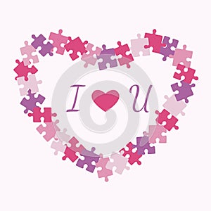 Valentine`s Day holiday. Heart made of puzzle pieces on a light pink background. I love you lettering. Pink fon