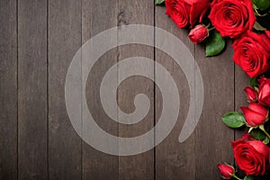 Valentine`s Day Holiday Red Roses Flower Border Over Wood Background With Copy Space