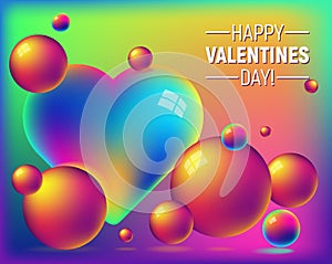 Valentine`s day holographic foil abstract background with rainbow heart and bright bubbles