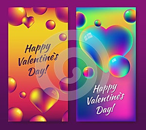 Valentine`s day holographic foil abstract background set with rainbow heart and bright bubbles
