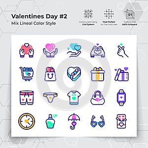 Valentine\'s day icon set in line color fill style with gifts and fall in love themed.