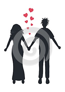 Valentine`s day illustration. Couple  is holding hands. Black silhouettes of young black people