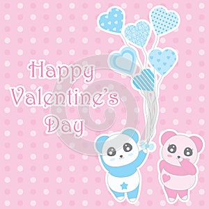 Valentine`s day illustration with cute boy and girl panda bring balloons on polka dot background