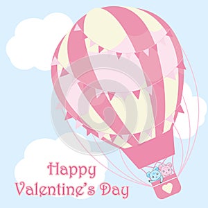 Valentine`s day illustration with cute couple bears in pink hot air balloon on sky background