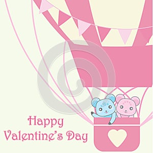 Valentine`s day illustration with cute couple bears in pink hot air balloon