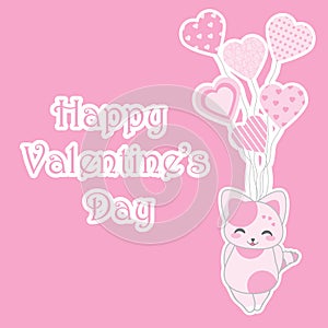 Valentine`s day illustration with cute pink cat brings love balloons on pink background