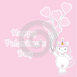 Valentine`s Day illustration with cute unicorn girl with love balloons