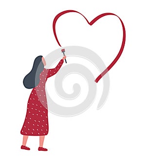 Valentine`s day illustration. Girl draws a red heart