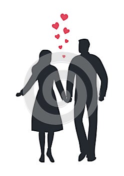 Valentine`s day illustration. Young couple is walking holding hands. Black silhouettes of young man and young woman