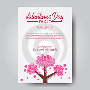 Valentine`s day invitation part poster template with paper craft cut style illustration of flower sakura tree
