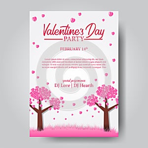 Valentine`s day invitation part poster template with paper craft cut style illustration of pink heart shape flower on the tree