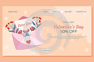 Valentine\'s Day Landing page template design. Pink open envelop, letter words Love You red flowers green leaves