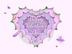 Valentine`s Day layered 3d background with heart shaped clouds, spring flowers, tulips, branches, green leaves, butterflies.