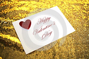 Valentine`s Day Letter in Envelope with Red Heart on Sparkly Gol