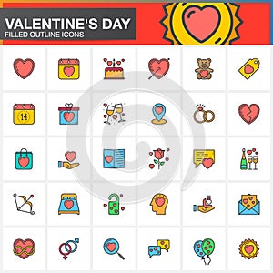 Valentine`s Day line icons set, filled outline vector symbol collection, linear colorful pictogram pack isolated on white.