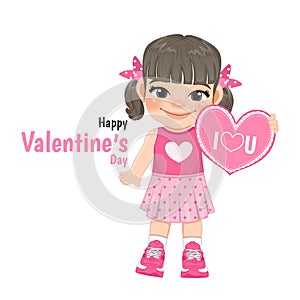 Valentine s day with little girl holding heart sign cartoon character design vector