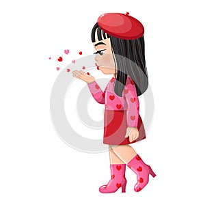 Valentine s Day with Little Girl Side View Blowing Hearts flat vector illustration