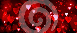 Valentine`s day, love, blurred, romance, red hearts, abstract background, heart-shaped bokeh, bright, lights