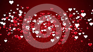 Valentine`s day, love concept. Many hearts are spinning on a red background. White and red hearts appear and move