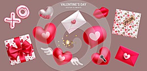 Valentine\'s day love elements set design. Valentine\'s element heart balloons, gift boxes, love letter