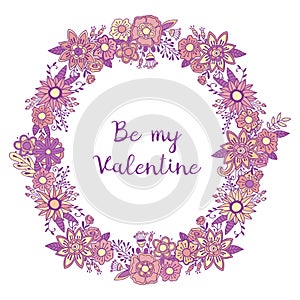 Floral round vector ornament with purple and pink decoration wreath frame