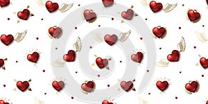 Valentine\'s Day love seamless pattern on white background. Glossy red 3d heart with golden decoration. Patch with gold wings