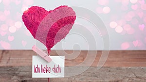 Valentine`s Day Love Wedding Birthday background banner greeting card - Pink balloon heart and white paper note with the words: I