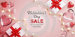 Valentine\'s day luxury sale banner with 3D hearts