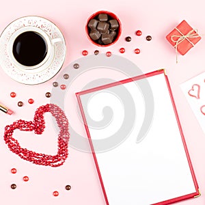 Valentine`s Day mock up with coffee drink, giftbox, candies on pastel pink background, flat lay