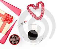 Valentine`s Day mock up with coffee drink, giftbox, candies on white background, flat lay