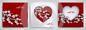 Valentine`s day, mother`s day design set. Greeting card, poster, banner collection. Heart with cherry flowers branch on red, white