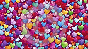 Valentine\'s day multicoloured background, many hearts of different shapes, AI Generated