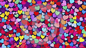 Valentine\'s day multicoloured background, many hearts of different shapes, AI Generated