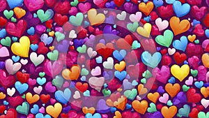 Valentine\'s day multicoloured background, many hearts of different shapes, AI Generated