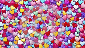 Valentine\'s day multicoloured background, many hearts of different shapes, AI Generated