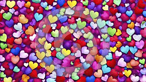 Valentine\'s day multicoloured background, many hearts of different shapes, AI Generated