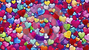 Valentine\'s day multicoloured background, many hearts of different shapes, AI Generated