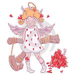 Valentine`s day. Naughty cute curly Cupid-girl with slingshot behind her back, wings and halo.