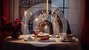 Valentine's Day Owls join a romantic dinner in an apartment, creating an enchanting, love-filled atmosphere