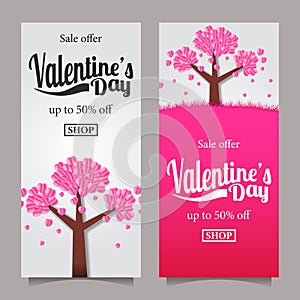 Valentine`s day paper cut style illustration of pink sakura tree on the grass