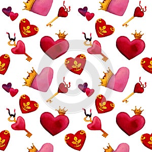 Watercolor hearts in seamless pattern in shades of pink red purple and blue. February 14th backgrounds
