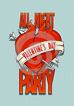 Valentine`s day party design concept, old school style burning heart