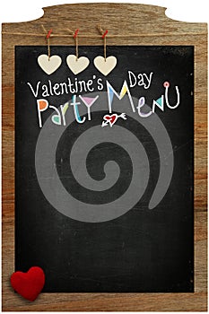 Valentine's Day Party Menu, hearts hanging on wooden texture bac