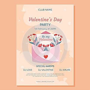 Valentine\'s Day Party poster template design. Pink open envelop, letter words Love You red flowers green leaves beige