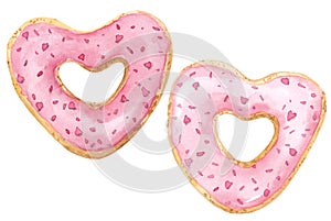 Valentine`s day pastry set. Watercolor hand painted pink heart shaped donuts isolated on white background.