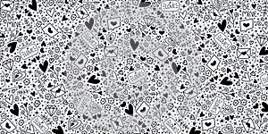 Valentine\'s Day pattern with hand-drawn doodles. Ideal for packaging design, invitation card, brackgrounds